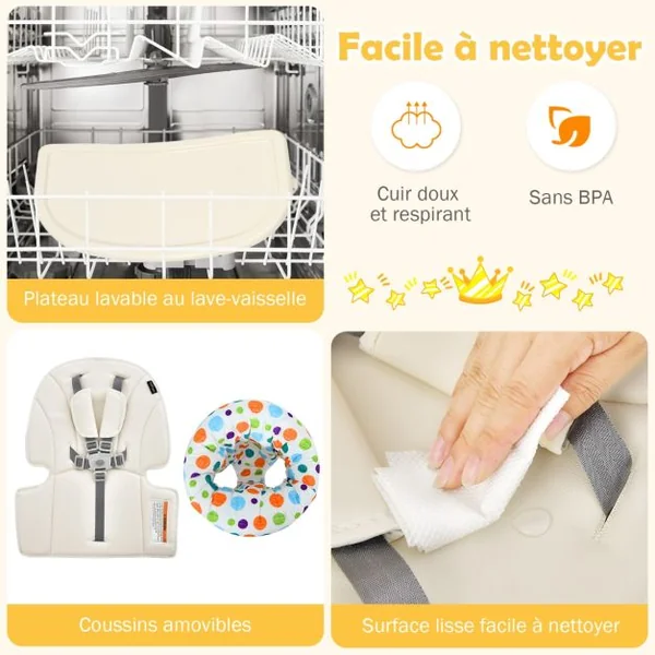 Chaise Haute pour Bébé 6-en-1 avec Ceinture de Sécurité Hauteur Réglable Plateau et Panier de Rangement Beige