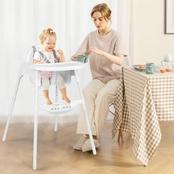 Chaise Haute pour Bébés et Tout-petits Chaise Convertible 4 en 1 pour Enfants avec Harnais de Sécurité Plateau Amovible Réglable Blanc/Gris