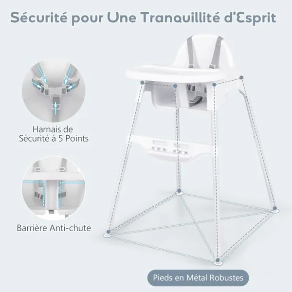 Chaise Haute pour Bébés et Tout-petits Chaise Convertible 4 en 1 pour Enfants avec Harnais de Sécurité Plateau Amovible Réglable Blanc/Gris