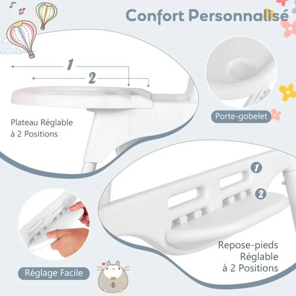 Chaise Haute pour Bébés et Tout-petits Chaise Convertible 4 en 1 pour Enfants avec Harnais de Sécurité Plateau Amovible Réglable Blanc/Gris