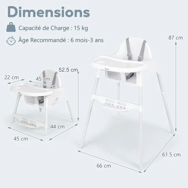 Chaise Haute pour Bébés et Tout-petits Chaise Convertible 4 en 1 pour Enfants avec Harnais de Sécurité Plateau Amovible Réglable Blanc/Gris