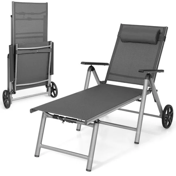 Chaise Longue de Jardin Inclinable Pliable en Aluminium avec Roulettes 7 Dossier Réglable Appuie-Tête Amovible Charge 150KG Noir