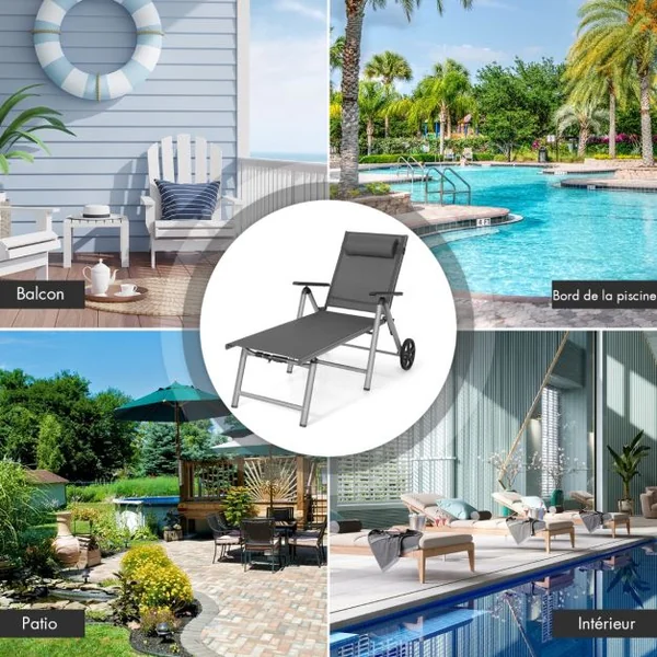 Chaise Longue de Jardin Inclinable Pliable en Aluminium avec Roulettes 7 Dossier Réglable Appuie-Tête Amovible Charge 150KG Noir