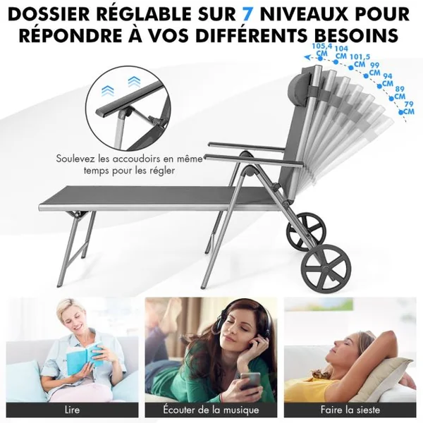 Chaise Longue de Jardin Inclinable Pliable en Aluminium avec Roulettes 7 Dossier Réglable Appuie-Tête Amovible Charge 150KG Noir