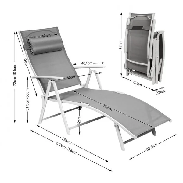 Chaise Longue de Jardin Transat Relax Pliant Coussin et Oreiller Amovibles en Textilène et Acier 178x63,5x101cm Gris