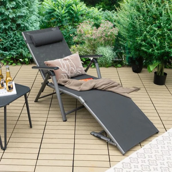 Chaise Longue d'Extérieur en Aluminium avec 8 Positions de Dossier et 2 Pieds Réglables en Tissu à Séchage Rapide Gris