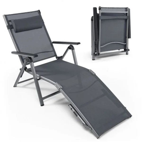 Chaise Longue d'Extérieur en Aluminium avec 8 Positions de Dossier et 2 Pieds Réglables en Tissu à Séchage Rapide Gris