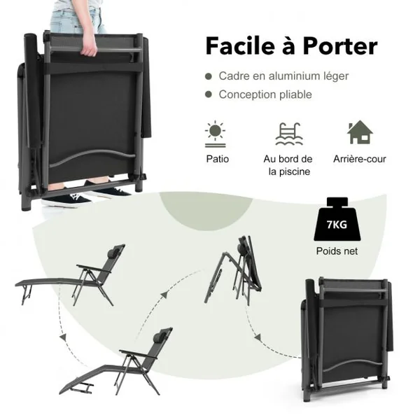 Chaise Longue d'Extérieur en Aluminium avec 8 Positions de Dossier et 2 Pieds Réglables en Tissu à Séchage Rapide Gris