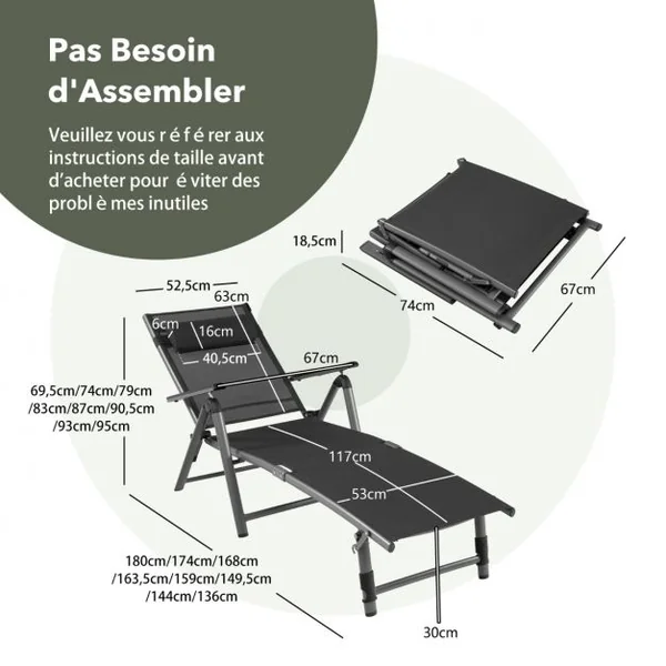 Chaise Longue d'Extérieur en Aluminium avec 8 Positions de Dossier et 2 Pieds Réglables en Tissu à Séchage Rapide Gris