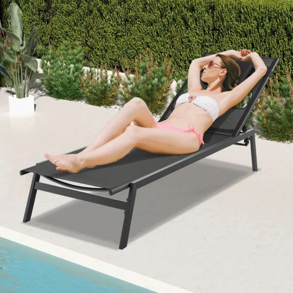 Chaise Longue d'Extérieur en Fer avec 1 Face et 2 Trous Latéraux 5 Positions de Dossier Appui-tête Amovible 150 kg Noir