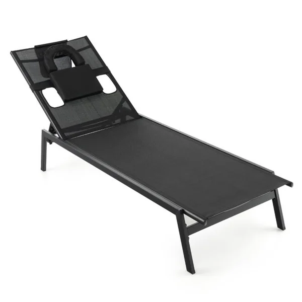 Chaise Longue d'Extérieur en Fer avec 1 Face et 2 Trous Latéraux 5 Positions de Dossier Appui-tête Amovible 150 kg Noir