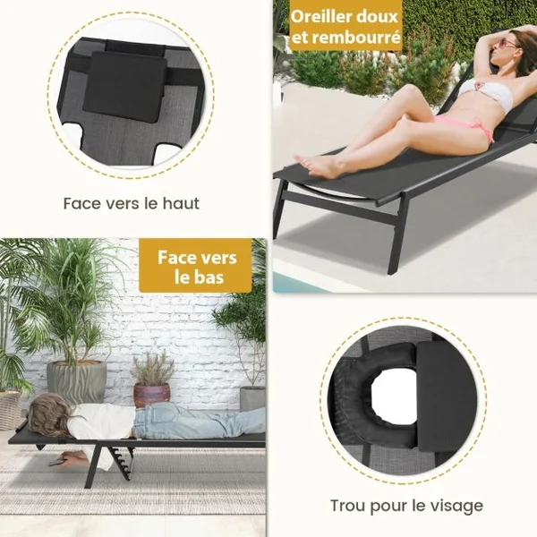 Chaise Longue d'Extérieur en Fer avec 1 Face et 2 Trous Latéraux 5 Positions de Dossier Appui-tête Amovible 150 kg Noir