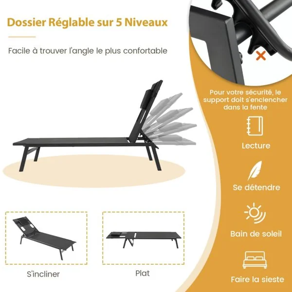 Chaise Longue d'Extérieur en Fer avec 1 Face et 2 Trous Latéraux 5 Positions de Dossier Appui-tête Amovible 150 kg Noir