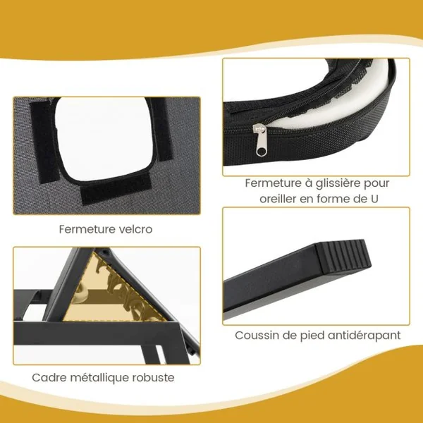 Chaise Longue d'Extérieur en Fer avec 1 Face et 2 Trous Latéraux 5 Positions de Dossier Appui-tête Amovible 150 kg Noir
