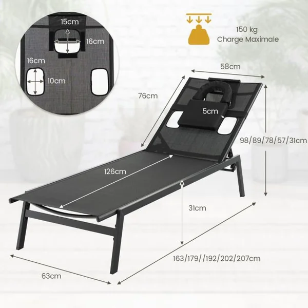 Chaise Longue d'Extérieur en Fer avec 1 Face et 2 Trous Latéraux 5 Positions de Dossier Appui-tête Amovible 150 kg Noir