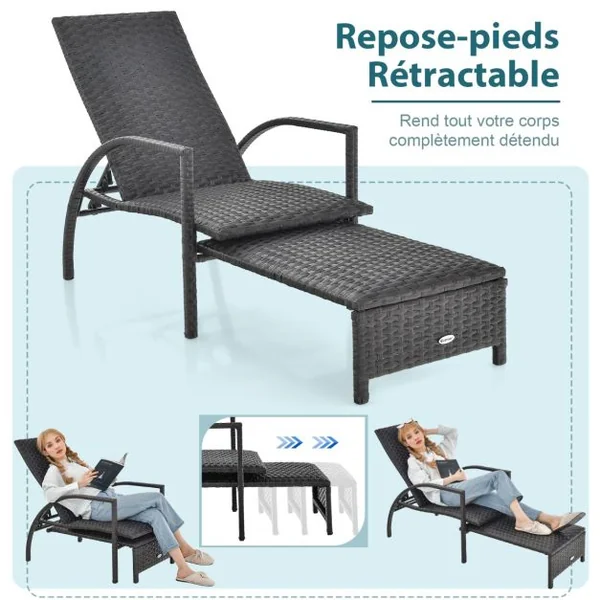 Chaise Longue en Rotin avec Pouf Rétractable Dossier Réglable à 5 Niveaux Accoudoirs pour Jardin Arrière-cour 150 kg Marron