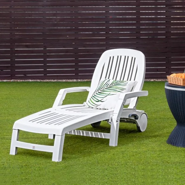 Chaise Longue Inclinable Réglable à 5 Positions avec Roues Flexibles Fauteuil Relax de Camping avec Boîte de Rangement Charge 150KG Blanc