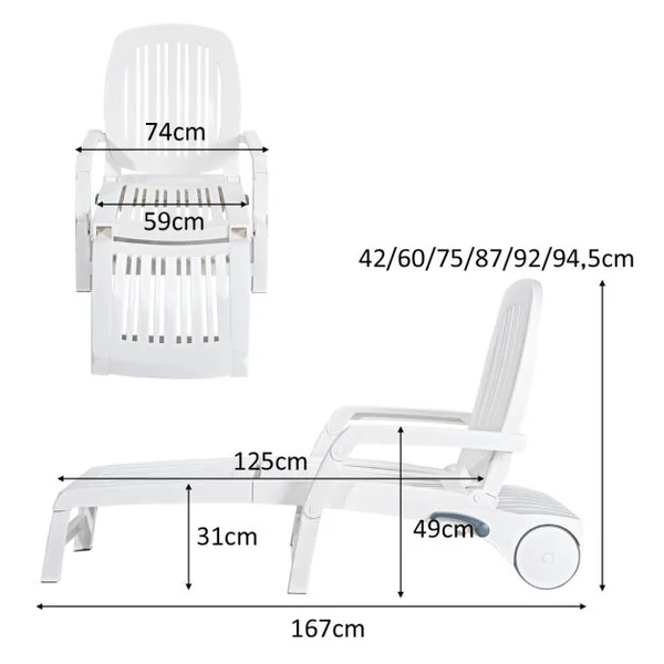 Chaise Longue Inclinable Réglable à 5 Positions avec Roues Flexibles Fauteuil Relax de Camping avec Boîte de Rangement Charge 150KG Blanc