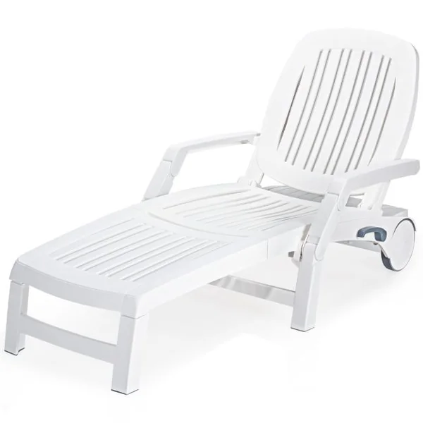 Chaise Longue Inclinable Réglable à 5 Positions avec Roues Flexibles Fauteuil Relax de Camping avec Boîte de Rangement Charge 150KG Blanc