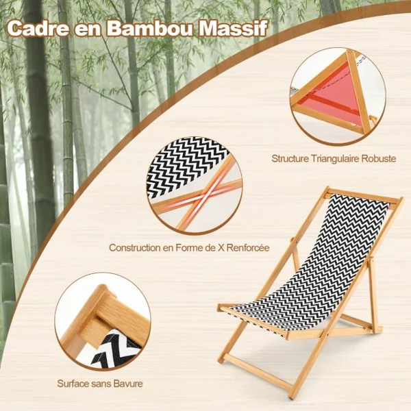 Chaise Longue Pliante en Bambou Dossier Réglable en 3 Positions Chaise Pliante Extérieur Portable pour Terrasse Piscine Cour Plage Charge 160 KG Naturel