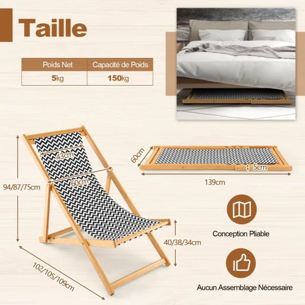 Chaise Longue Pliante en Bambou Dossier Réglable en 3 Positions Chaise Pliante Extérieur Portable pour Terrasse Piscine Cour Plage Charge 160 KG Naturel