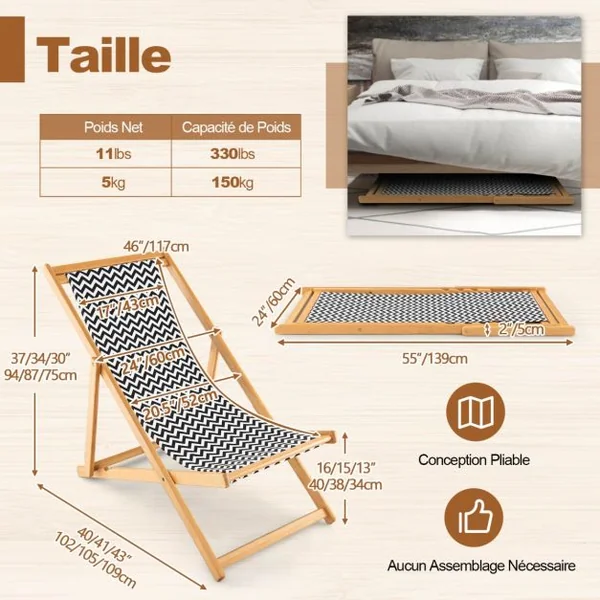 Chaise Longue Pliante en Bambou Dossier Réglable en 3 Positions Chaise Pliante Extérieur Portable pour Terrasse Piscine Cour Plage Charge 160 KG Naturel
