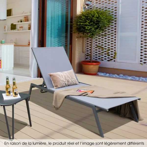 Chaise Longue Réglable d’Extérieur Fauteuil Inclinable à 6 Positions avec Position à Plat et Tissu à Séchage Rapide Bain de Soleil