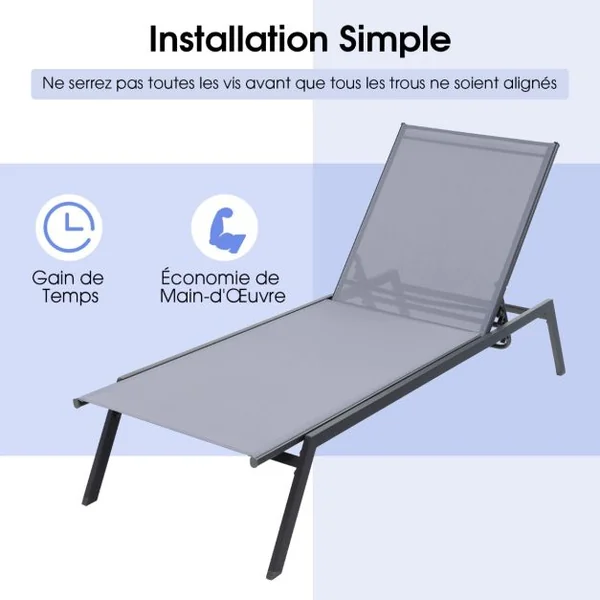 Chaise Longue Réglable d’Extérieur Fauteuil Inclinable à 6 Positions avec Position à Plat et Tissu à Séchage Rapide Bain de Soleil
