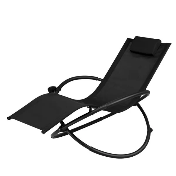 Chaise Longue à Bascule Pliante avec Coussin Repose-Tête Amovible et Porte-Gobelet Noir