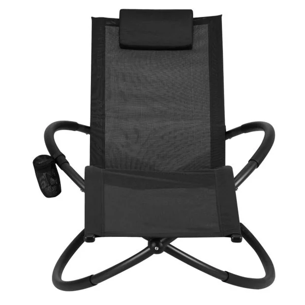 Chaise Longue à Bascule Pliante avec Coussin Repose-Tête Amovible et Porte-Gobelet Noir