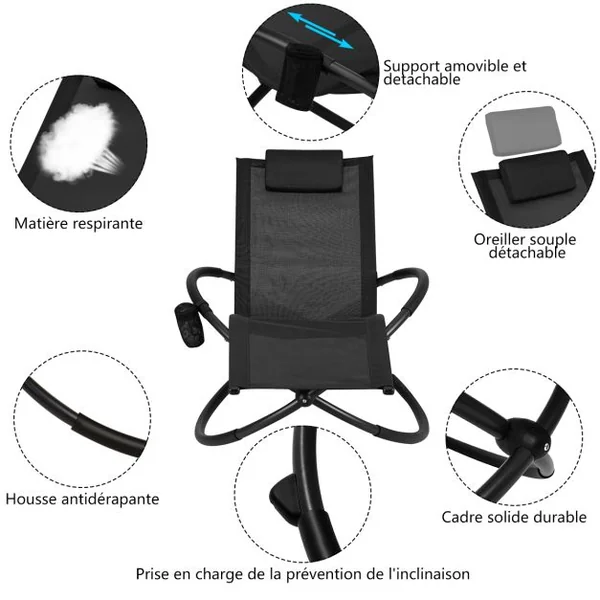 Chaise Longue à Bascule Pliante avec Coussin Repose-Tête Amovible et Porte-Gobelet Noir