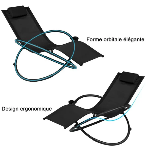 Chaise Longue à Bascule Pliante avec Coussin Repose-Tête Amovible et Porte-Gobelet Noir