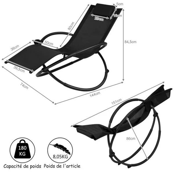 Chaise Longue à Bascule Pliante avec Coussin Repose-Tête Amovible et Porte-Gobelet Noir