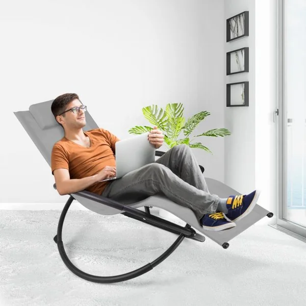 Chaise Longue à Bascule Pliante Coussin Repose-Tête Amovible Porte-Gobelet 180 kg max en Acier 80x158x86,5cm Gris