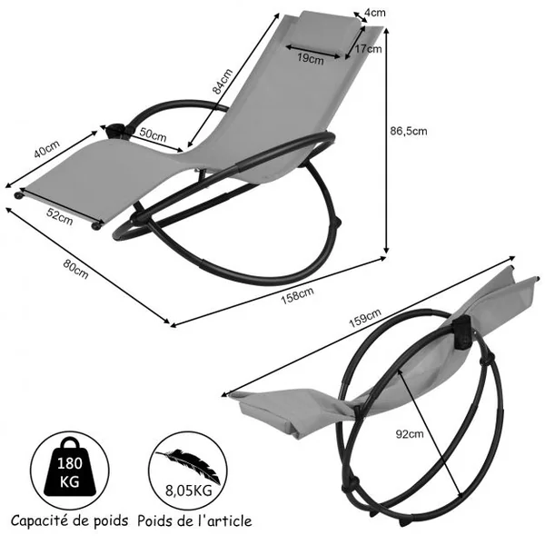 Chaise Longue à Bascule Pliante Coussin Repose-Tête Amovible Porte-Gobelet 180 kg max en Acier 80x158x86,5cm Gris