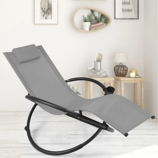 Chaise Longue à Bascule Pliante Coussin Repose-Tête Amovible Porte-Gobelet 180 kg max en Acier 80x158x86,5cm Gris
