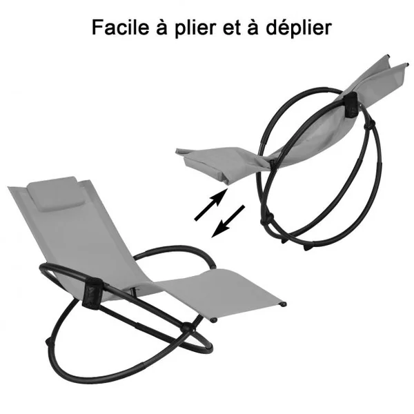 Chaise Longue à Bascule Pliante Coussin Repose-Tête Amovible Porte-Gobelet 180 kg max en Acier 80x158x86,5cm Gris