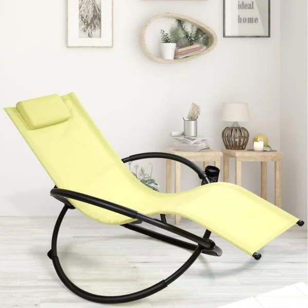 Chaise Longue à Bascule Pliante Coussin Repose-Tête Amovible Porte-Gobelet, 180 kg max en Acier 80x158x86,5cm Vert
