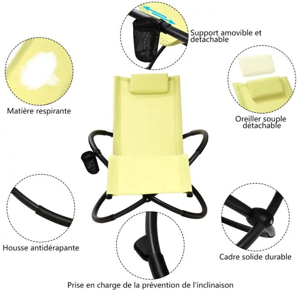 Chaise Longue à Bascule Pliante Coussin Repose-Tête Amovible Porte-Gobelet, 180 kg max en Acier 80x158x86,5cm Vert