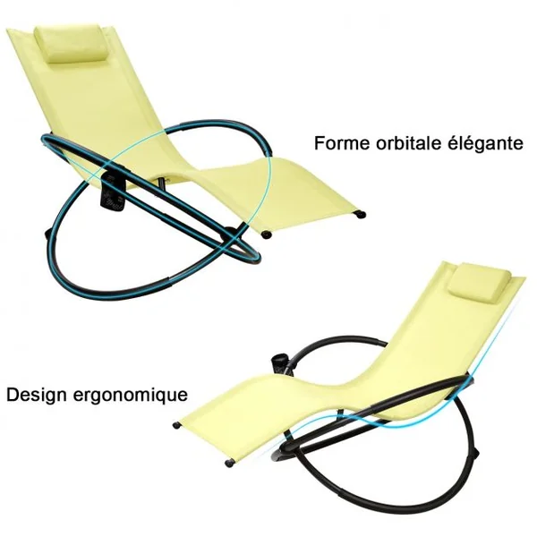 Chaise Longue à Bascule Pliante Coussin Repose-Tête Amovible Porte-Gobelet, 180 kg max en Acier 80x158x86,5cm Vert