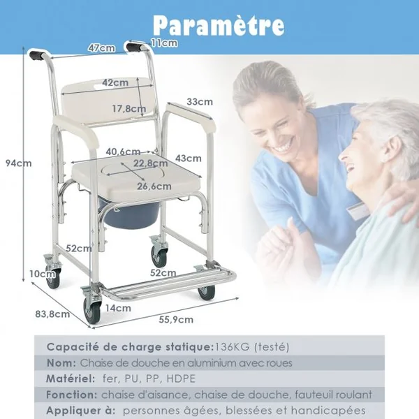 Chaise Percée à Roulettes Coussin Amovible Charge Max.135KG pour Handicapés Personnes Agés 55,9 x 83,8 x 94cm