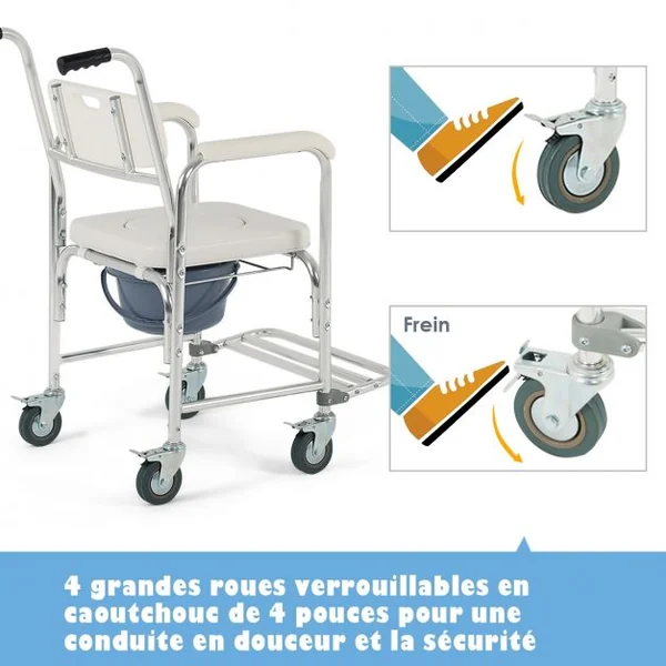 Chaise Percée à Roulettes Coussin Amovible Charge Max.135KG pour Handicapés Personnes Agés 55,9 x 83,8 x 94cm
