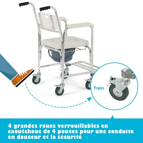 Chaise Percée à Roulettes Coussin Amovible Charge Max.135KG pour Handicapés Personnes Agés 55,9 x 83,8 x 94cm