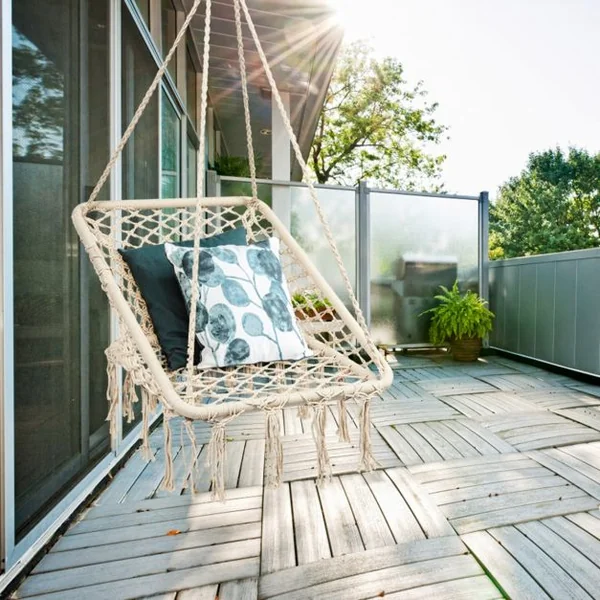 Chaise Suspendue 1 Place en Forme Carré Chaise Hamac Capacité 120 kg en Fer et Corde de Coton 64x55x125cm Beige