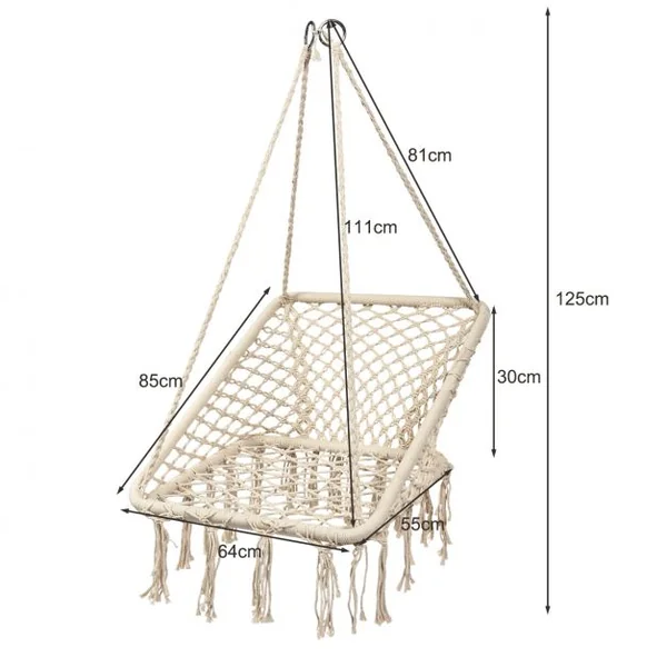Chaise Suspendue 1 Place en Forme Carré Chaise Hamac Capacité 120 kg en Fer et Corde de Coton 64x55x125cm Beige