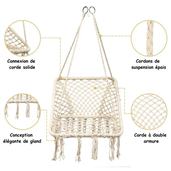Chaise Suspendue 1 Place en Forme Carré Chaise Hamac Capacité 120 kg en Fer et Corde de Coton 64x55x125cm Beige