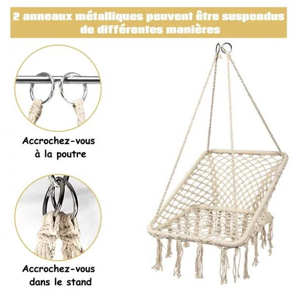Chaise Suspendue 1 Place en Forme Carré Chaise Hamac Capacité 120 kg en Fer et Corde de Coton 64x55x125cm Beige
