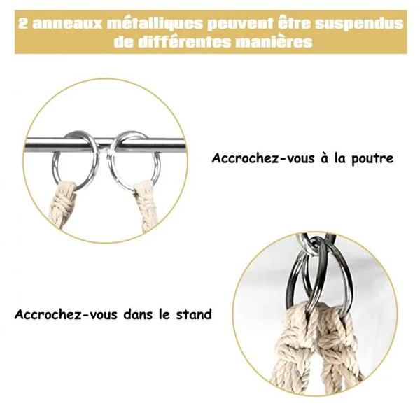 Chaise Suspendue 1 Place en Forme Carré Chaise Hamac Capacité 120 kg en Fer et Corde de Coton 64x55x125cm Beige