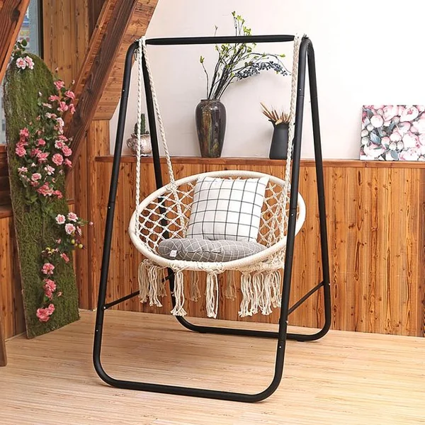 Chaise Suspendue 1 Place pour Jardin Balcon 2 Anneaux et Cordes Capacité 150 KG en Coton et Acier 80x60x125 cm