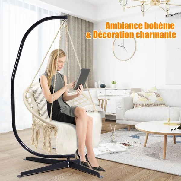 Chaise Suspendue 1 Place pour Jardin Balcon 2 Anneaux et Cordes Capacité 150 KG en Coton et Acier 80x60x125 cm